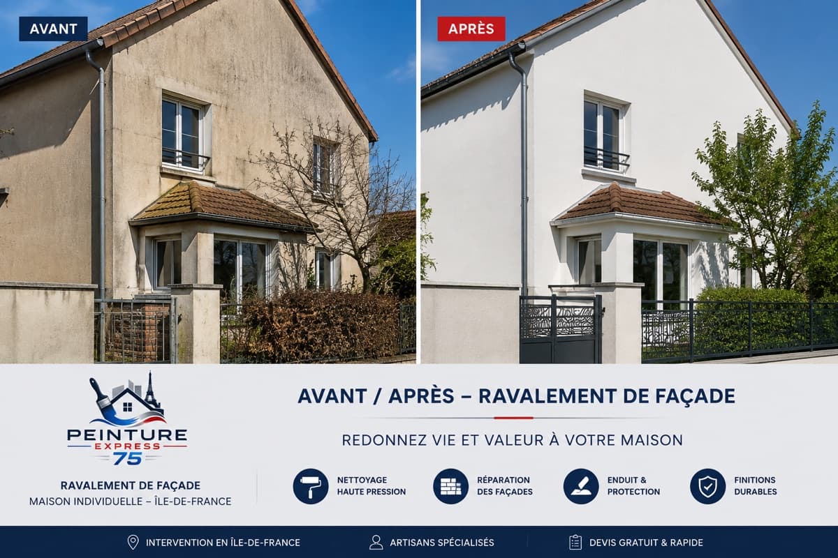 Ravalement de façade avant et après travaux, maison individuelle en Île-de-France