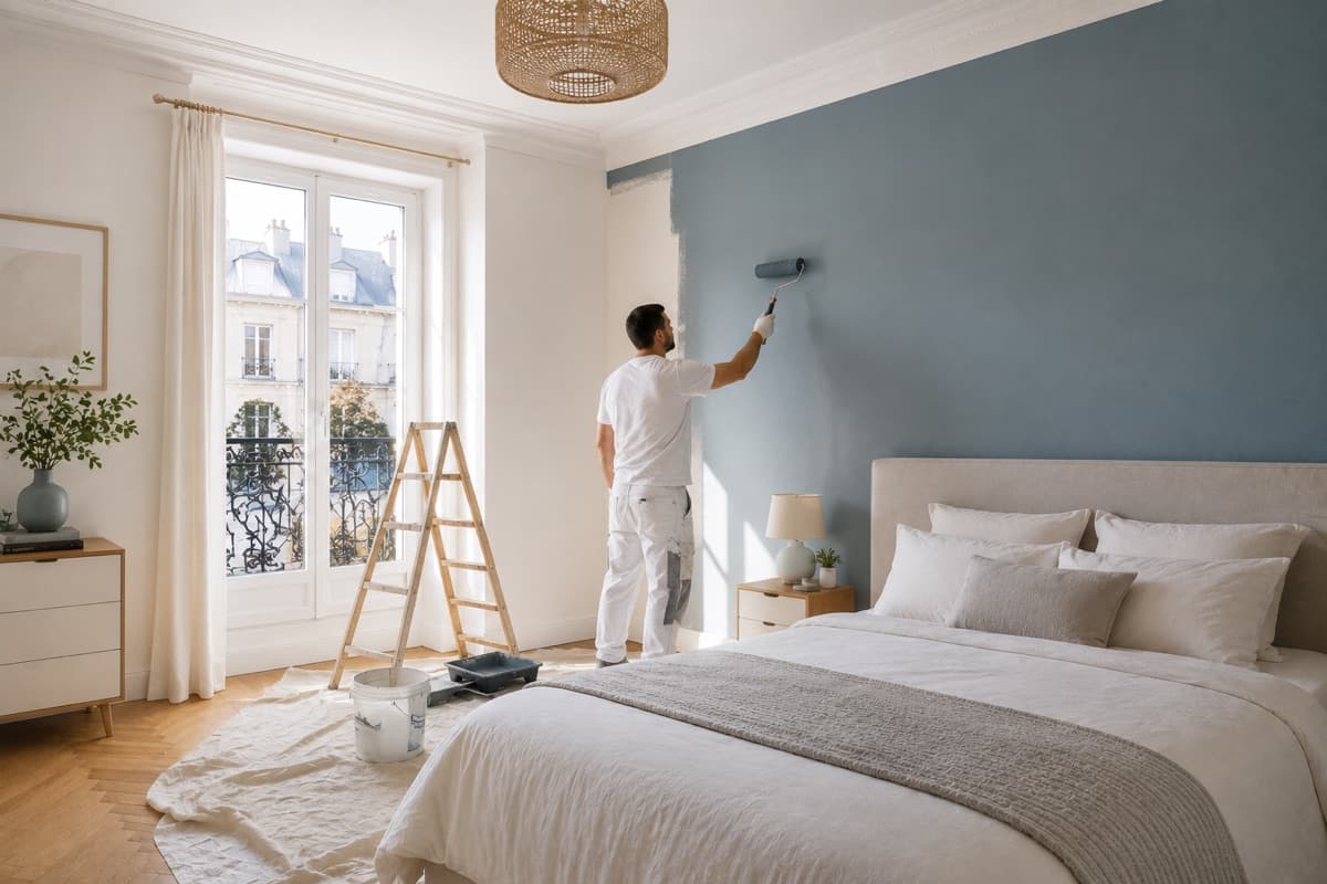 Chambre repeinte avec un mur bleu-gris, exemple de résultat final après travaux