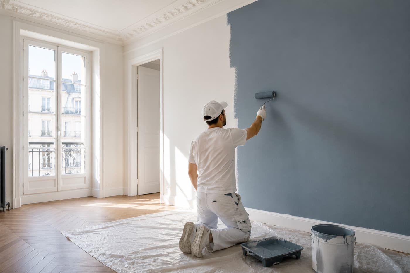 Artisan peintre appliquant une peinture bleu-gris dans un appartement ancien parisien
