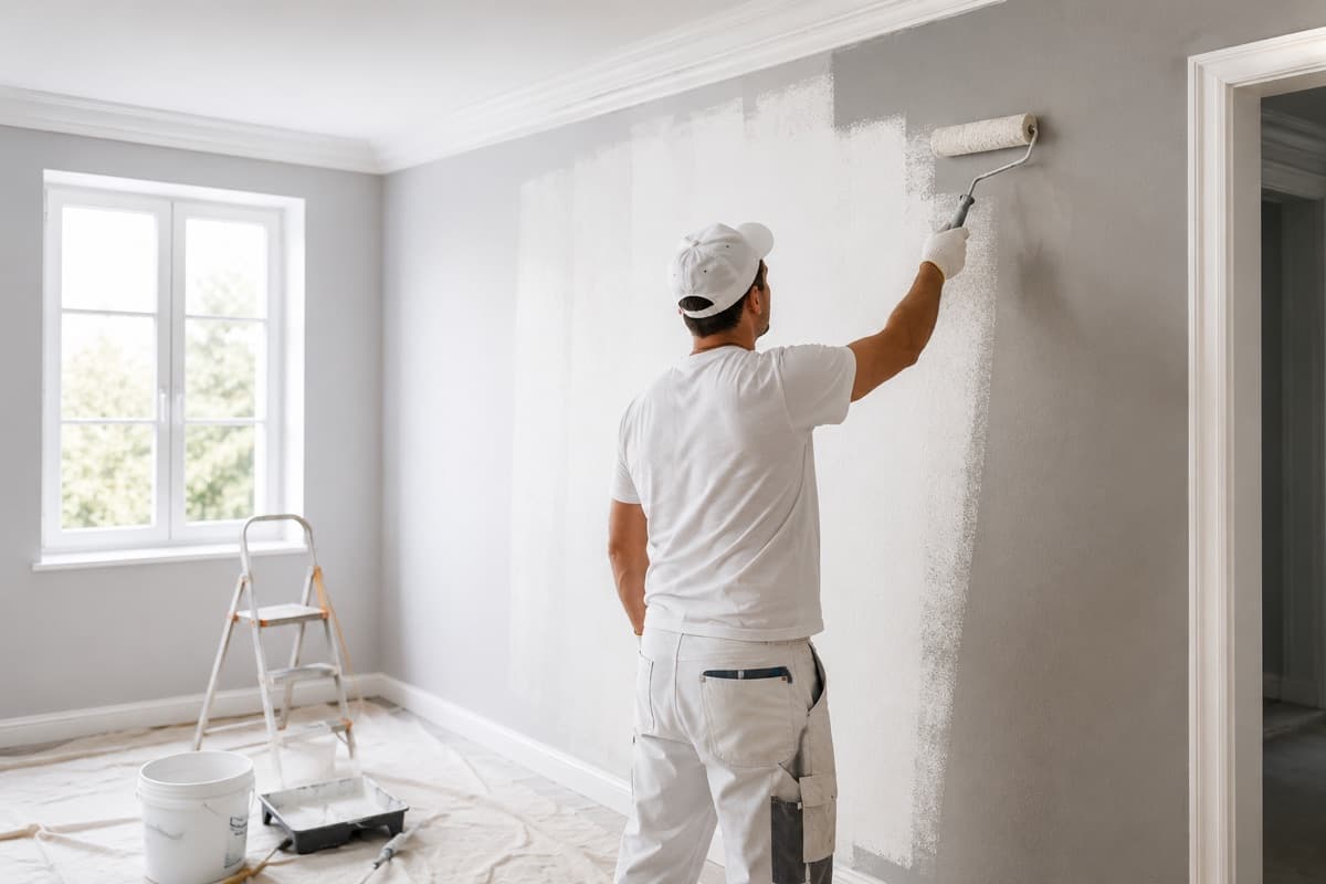 Application d'une peinture grise au rouleau sur un mur avant rénovation