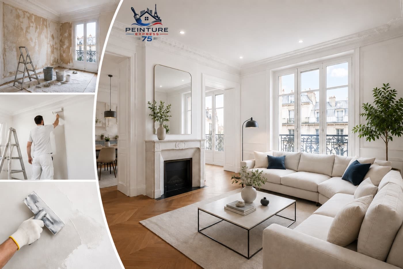 Artisan peintre au travail lors d'une rénovation d'appartement à Paris